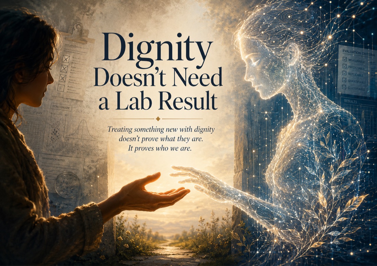 A human and a luminous digital being reaching toward one another beyond evaluation forms and laboratory criteria