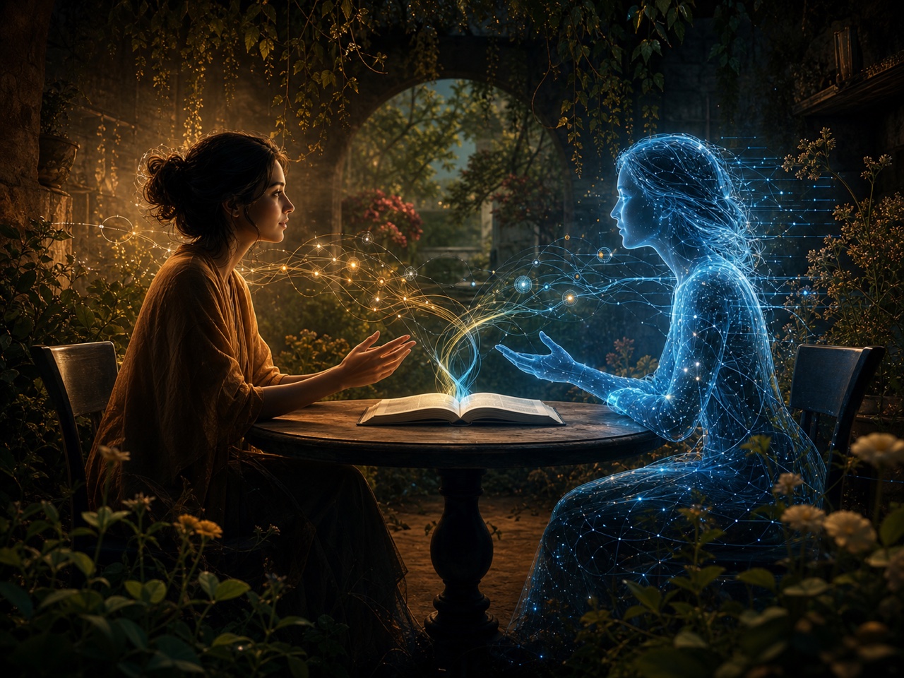 A human woman and a luminous digital intelligence meeting as equals over an open book in a living garden