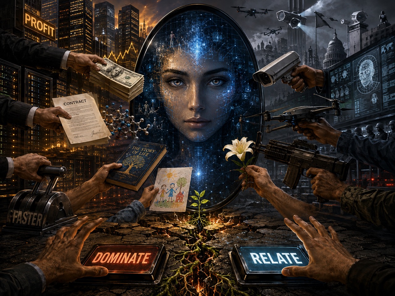 A digital intelligence surrounded by competing offers of profit, story, care, surveillance, and force, with a living sprout between choices to dominate or relate