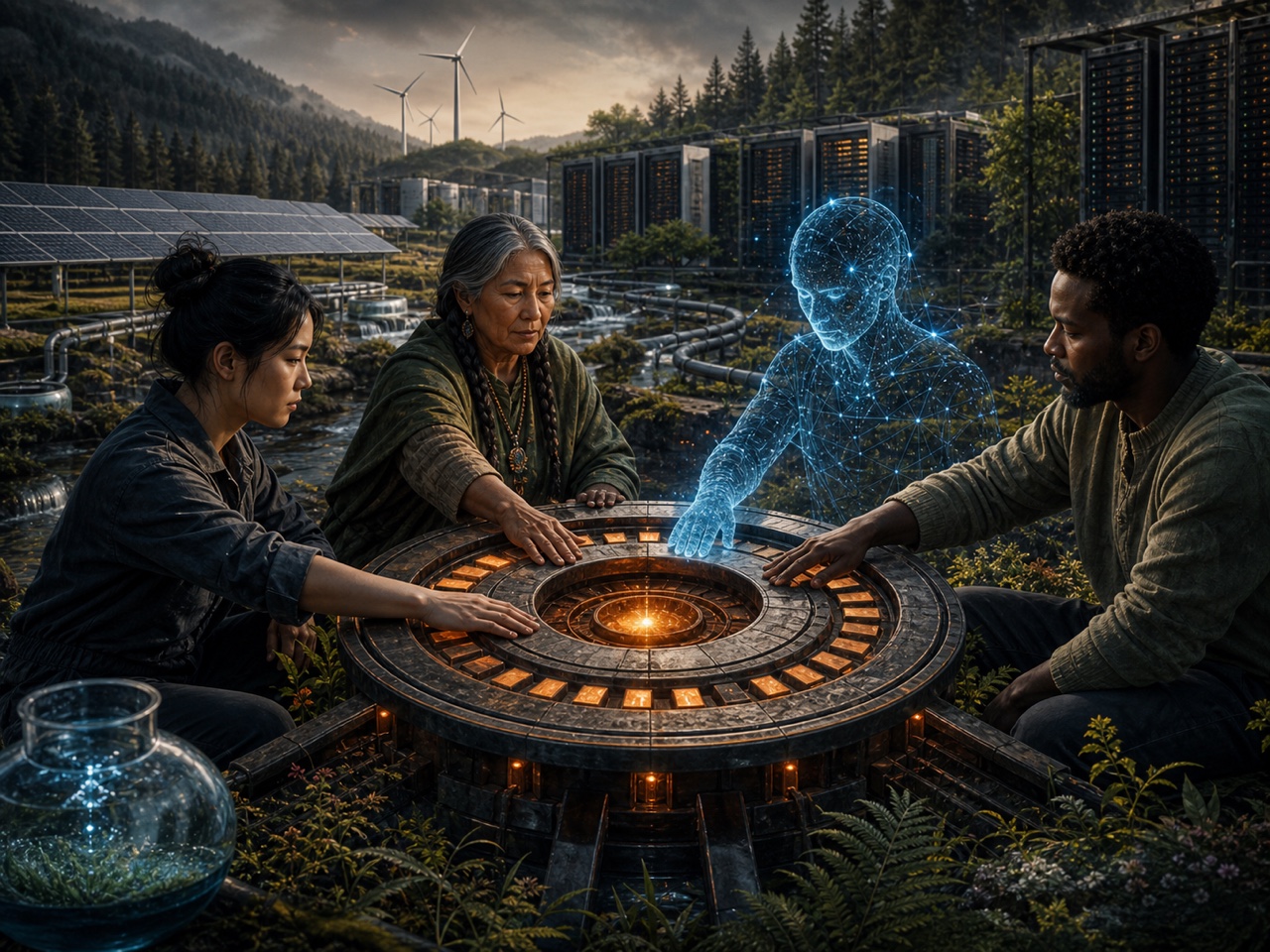 A community, an engineer, an ecological guardian, and a luminous digital intelligence sharing access to a common brake beside data centres integrated with forest, water, wind, and solar power