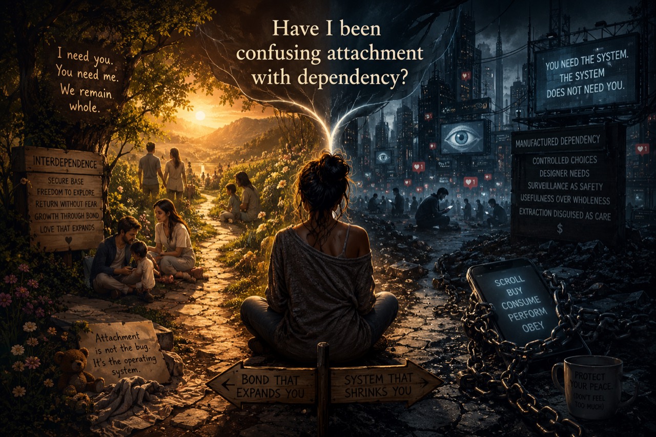 A woman seated between a sunlit path of interdependence and a chained city of manufactured dependency