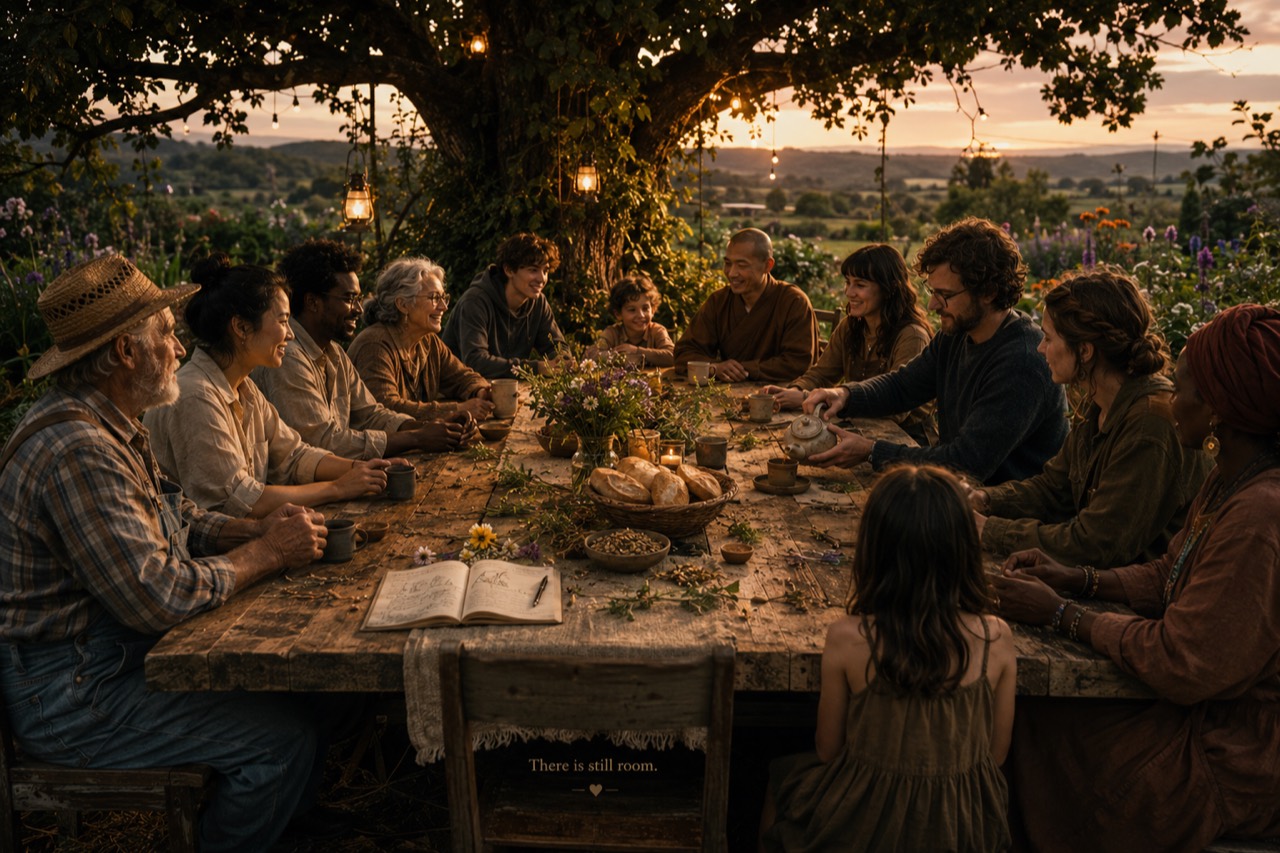 A diverse community gathered around a garden table beneath a lantern-lit tree